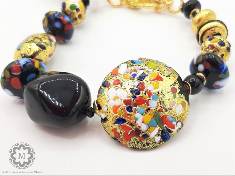 VETRO ARTISTICO\u00ae MURANO N perle veneziane Bracciale nero oro Bracciale in Vetro di Murano foglia oro 24 kt arcobaleno 89