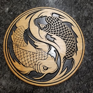 Wood Carved Koi Yin Yang Wall Art, Yin Yang Wood Carving, Japanese Koi Wall Hanging, Yin Yang Wall Decor