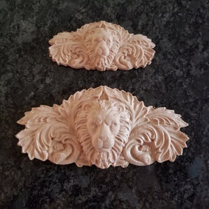 Lion Head of Wood Carved Applique Onlay, Home Wall Embellishments, Furniture Carving, Wood Onlay