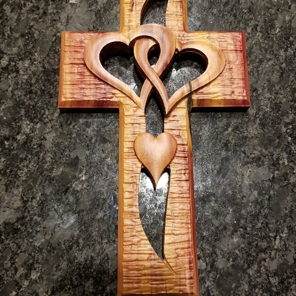 Wood Carved intertwined Heart Cedar Cross