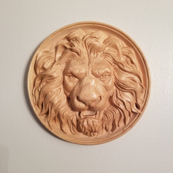 Lion Head wood carved plaque wall art rosette