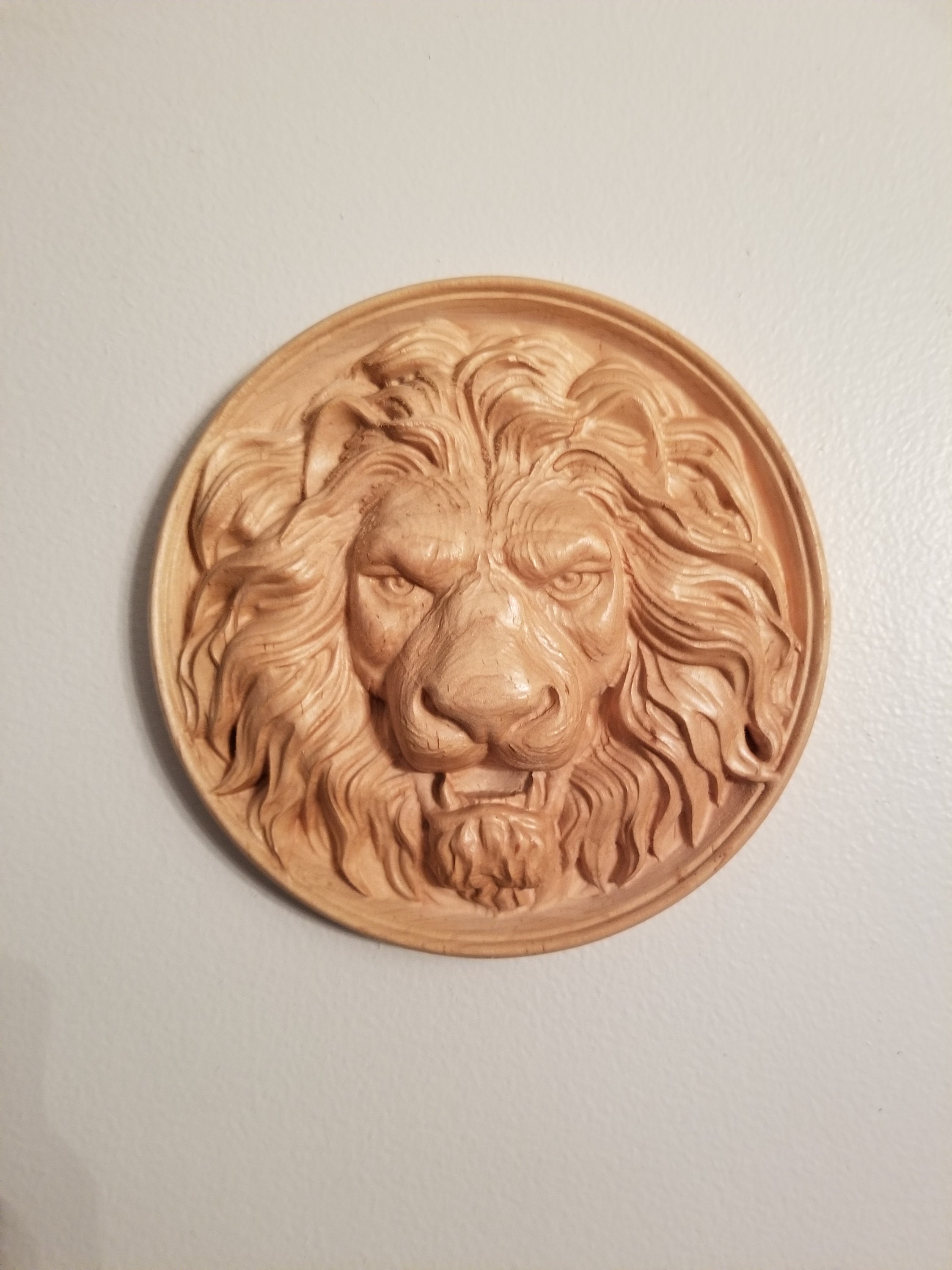Lion Head Wood Carved Plaque Wall Art Rosette Etsy