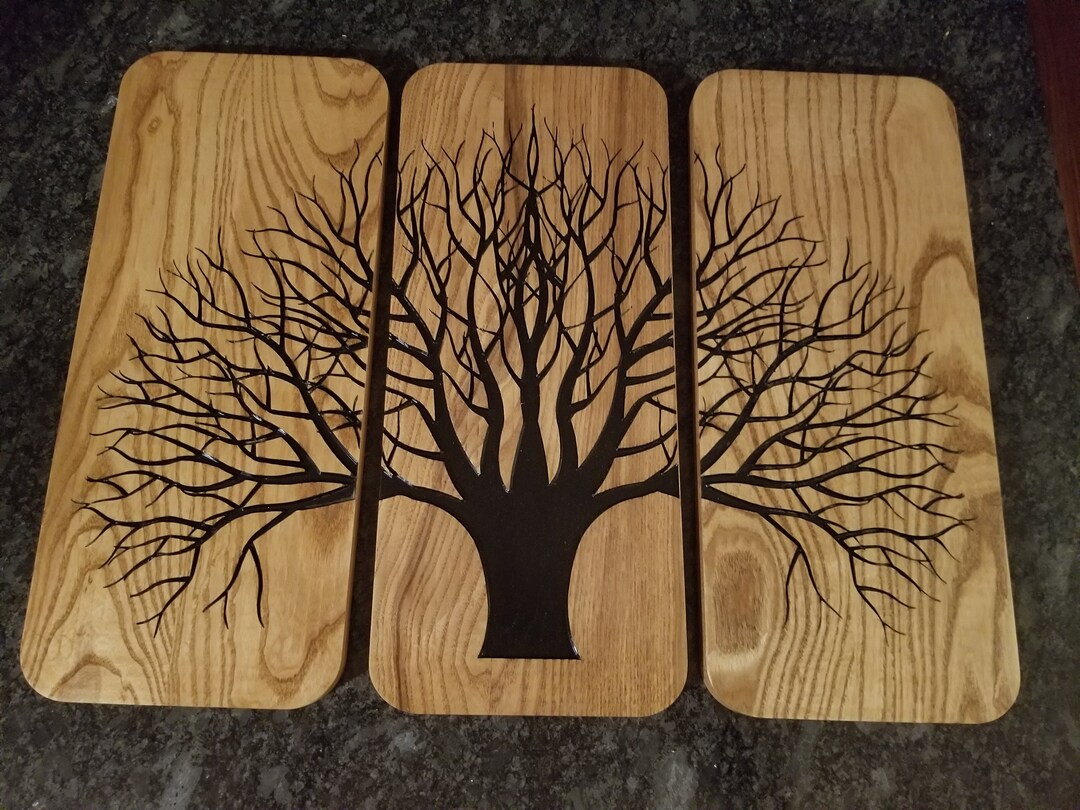 3 Panel Wood Carved Tree Wall Art Decor Etsy