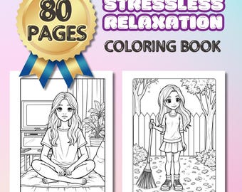Può includere: Un libro da colorare con il testo "Stressless Relaxation Coloring Book" e "80 Pages" su un sigillo d'oro. Il libro presenta due illustrazioni in bianco e nero di una ragazza, una seduta e una con una scopa.