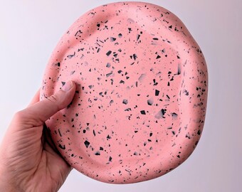 Irregular Cloud Tray – Pink with Black Terrazzo | Handmade Jesmonite Trinket Dish | Concrete Jewellery Tray | Asymmetric Modern Decor