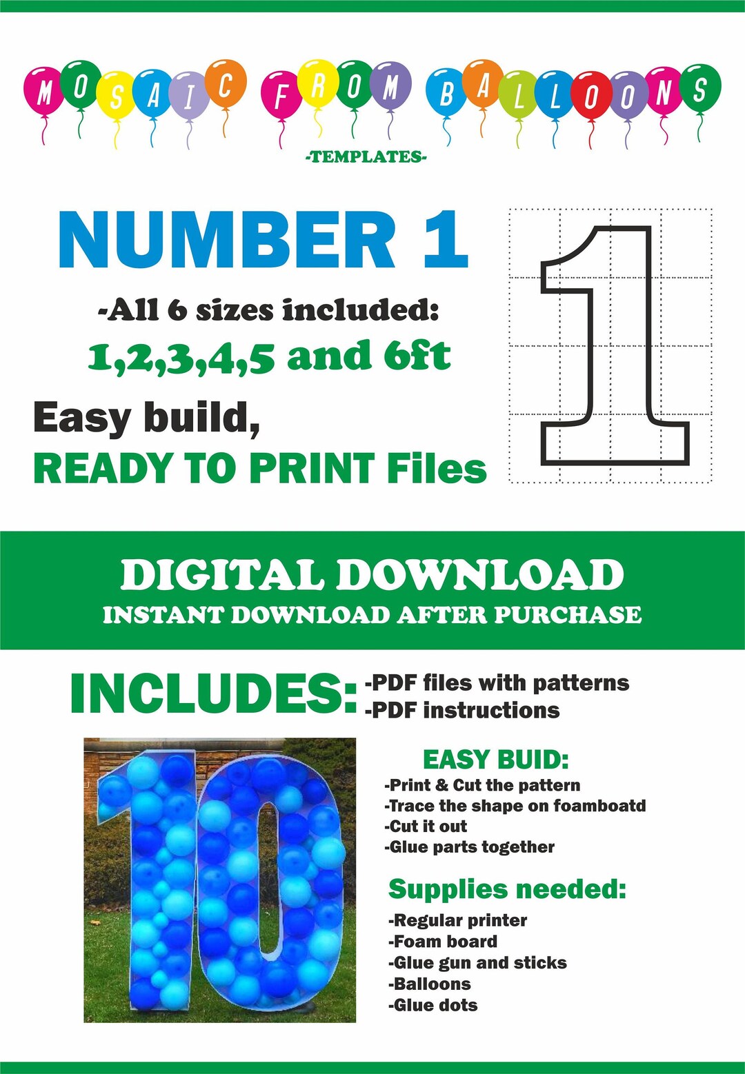 Number 1 All Sizes 1 To 6 Ft Tall Mosaic From Balloons Etsy