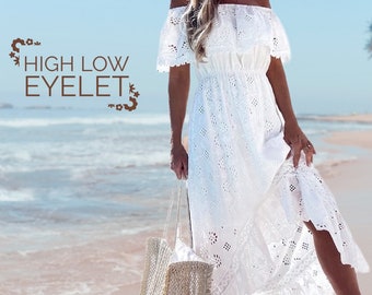 S-XL Boho White Rose maxi dress floral lace cut-work A-Line airy beach sundress or eyelet high low - women cruise resort destination whimsy