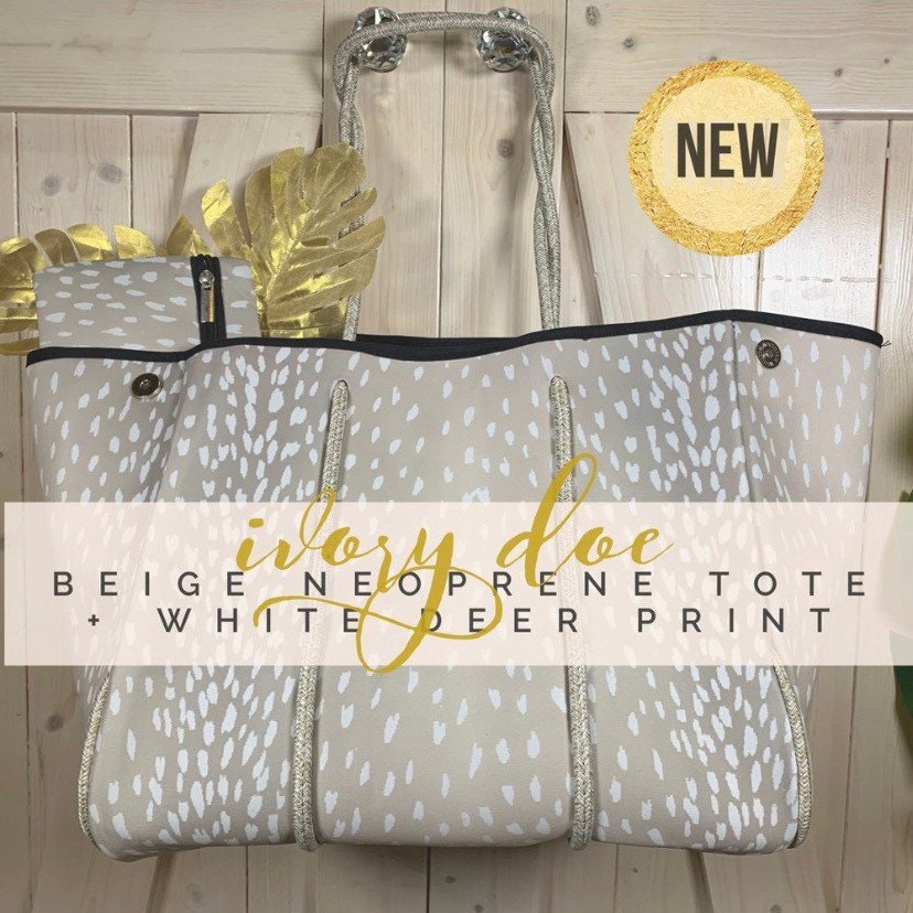 Neoprene Tote - Ivory Doe - beige + white deer print bag w/ baseboard…