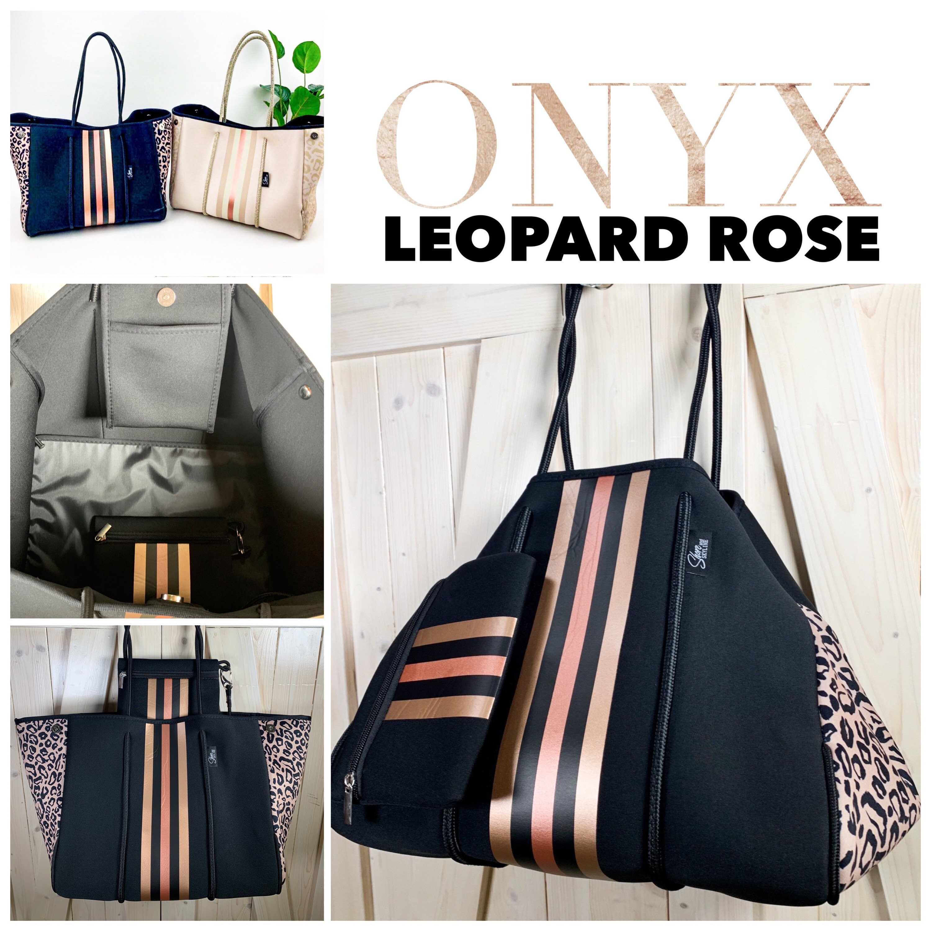 Neoprene waterproof Tote Bag racing stripes black leopard cheetah dee…