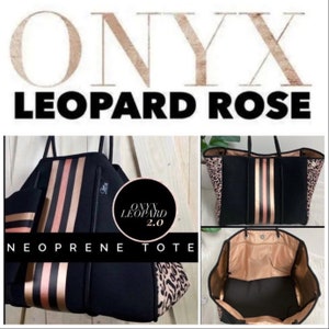 NWT © Onyx Leopard 2.0 black neoprene Tote w/ dark leopard & taupe sides + metallic gold and rose-gold racing stripes ( bright gold lining )