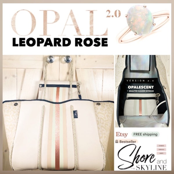 NWT Opal Leopard Rose 2.0 TOTE smooth ivory cream neoprene bag +shabby mint & chic metallic rose gold racing stripes + opalescent interior