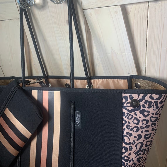 Nwt Amber Embers Smooth Blushed Bronze Lit Metallic Neoprene Tote W Auburn Fawn Snap Sides + Rouged Amber & Chocolate Brown Racing Stripe Cheetah+