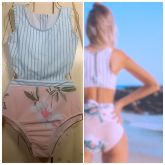 S-xxl Swimsuit Peachy Rose & Pinstripes Monokini Small Medium Large Xl Xxl  Pink Blue Aqua White Women Feminine Modest 2024 Cruise Swim Beach -   Sweden