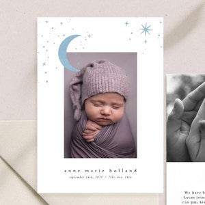 Bewerkbare sjabloon voor geboorteaankondiging met foto, pasgeboren aankondigingskaart met nachtelijke hemelontwerp, doe-het-zelfcanvasjabloon voor babyaankondigingen
