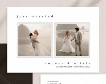 Chic Elopement Template, Minimalist Wedding Announcement Photo Card, Intimate Ceremony Announcement featuring a modern frame, Canva Template