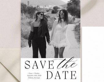 Engagement Photo Save the Date Card, Wedding Announcement, Modern Minimalist Save the Date, Customizable Canva & Photoshop Template