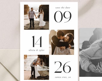Modern Three Photo Save the Date Card, Wedding Announcement, Printable Save the Date Photo Card, Photo Wedding Invitation, Canva Template