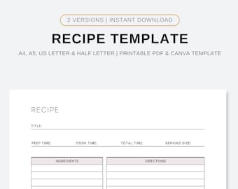 Recipe Canva Template Printable, Recipe Book, Blank Recipe Page, Recipe Card, Home Cook Book Journal, Recipe Organizer, A4/A5/Letter/Half