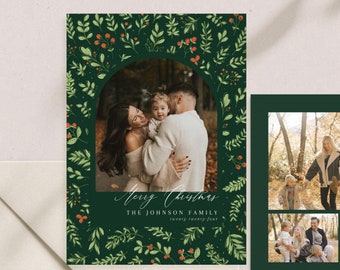 Photo Christmas Card Template, Merry Christmas Card, Festive Holiday Card, Botanical Christmas Card, Digital Christmas Cards Template