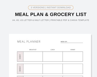 Weekly Meal Planner with Grocery List Printable Canva Template, 7 Day Menu Plan, Food Planner, Health & Fitness, A4/A5/Letter/Half