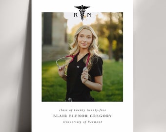 Nurse Graduation Ceremony Invitation Template, Modern RN Graduate Photo Card, Simple Graduation Announcement for Nurses, Class of 2026 Grad