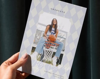 Graduation Announcement Template with Checkerboard Pattern, Senior Photo Grad Card, High School Grad, Printable Canva Template