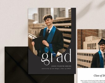 Modern Arched Graduation Announcement Card Template, Grad Announcement Class of 2026 Senior Canva Template
