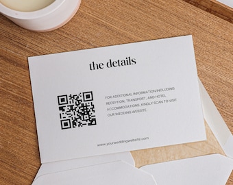 Hochzeitsdetailkarte mit QR-Code, Minimalistische QR-Code-Detailkarte, Moderne QR-Code-Detailkarte, Hochzeitsdetails-Karte, Canva-Vorlage