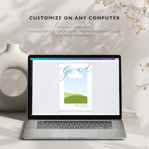 May include: A laptop computer screen displaying a design template for a gift tag. The tag features a green and blue landscape with the word "Greet" written in cursive. The text "Customize on any computer" is displayed above the laptop.