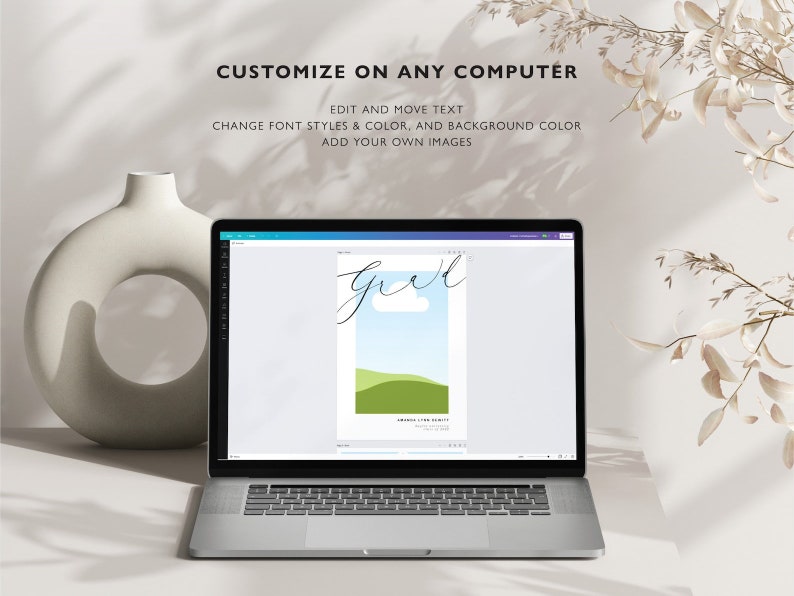 May include: A laptop computer screen displaying a design template for a gift tag. The tag features a green and blue landscape with the word "Greet" written in cursive. The text "Customize on any computer" is displayed above the laptop.