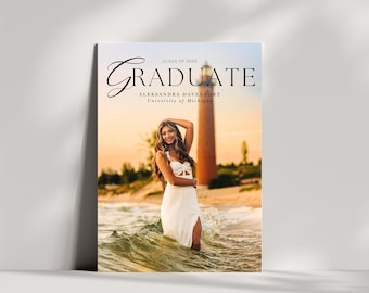 May include: A graduation announcement card with a photo of a woman in a white dress standing in the ocean waves. The text on the card reads "Graduate, Class of 2023, Aleksandra Davenport, University of Michigan."