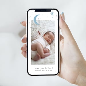 Anuncio de nacimiento digital con foto, tarjeta electrónica de anuncio de recién nacido con estrellas, plantilla de anuncio digital móvil
