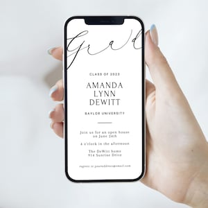 Digitale uitnodigingskaart voor afstuderen voor sociale media, sjabloon voor digitale uitnodiging voor afstuderen, mobiele uitnodiging, eenvoudige sms-uitnodiging