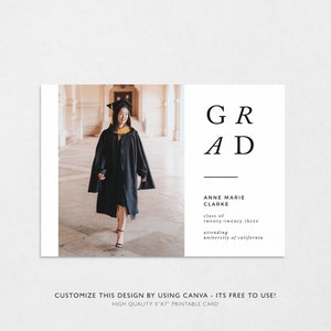 May include: A graduation announcement card with a photo of a person wearing a black graduation gown and cap. The text on the card reads "GR AD" and "ANNE MARIE CLARKE, class of twenty-twenty three, attending university of california".