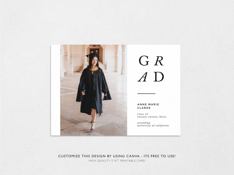 May include: A graduation announcement card with a photo of a person wearing a black graduation gown and cap. The text on the card reads "GR AD" and "ANNE MARIE CLARKE, class of twenty-twenty three, attending university of california".