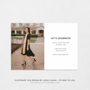 May include: A graduation party invitation with a photo of a woman in a green dress and a gold sash. The text on the invitation reads "Let's Celebrate!" and includes the date, time, location, and RSVP information.