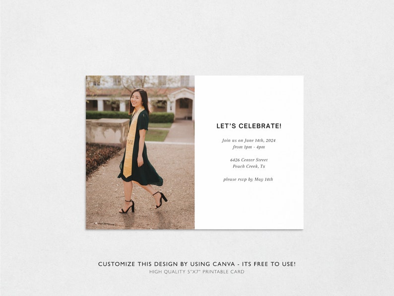 May include: A graduation party invitation with a photo of a woman in a green dress and a gold sash. The text on the invitation reads "Let's Celebrate!" and includes the date, time, location, and RSVP information.