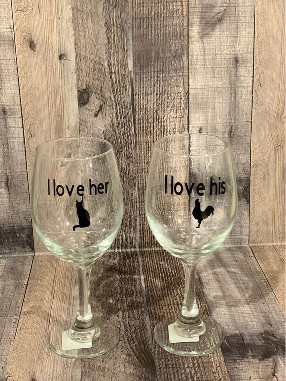 Personalized Wine Glass Gift Set. Gifts for Couples. His and hers wine  glass set. Adult Wine Glass Gift. I love her cat. I love his chicken.