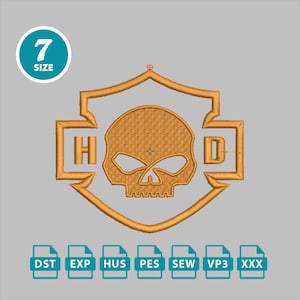 Könnte beinhalten: Gestickter Aufnäher mit einem Totenkopf-Design in einem Schild, mit den Buchstaben "H" und "D". Der Aufnäher ist in Gold- und Brauntönen gehalten, mit der Zahl "7" und dem Wort "SIZE" in einem Kreis. Dateityp-Symbole unten.