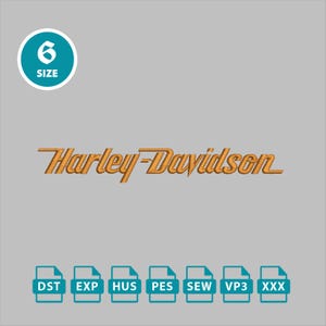 Könnte beinhalten: Gesticktes Harley-Davidson-Logo in Goldbraun. Der Text ist in einer klassischen Schriftart gestaltet. Oben links befindet sich ein türkisfarbener Kreis mit der Zahl 6 und dem Wort "SIZE". Darunter befinden sich Dateityp-Symbole.