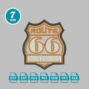 May include: Embroidered Route 66 Harley-Davidson patch in orange, white, and black. The patch features the text "ROUTE 66" above the number "66" and "HARLEY-DAVIDSON" below. A circular badge indicates size 7.