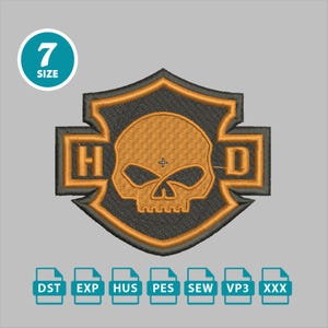 May include: Embroidered patch featuring a skull within a shield design, with the letters "H" and "D". The patch is in shades of black, orange, and gold. The number "7" and the word "SIZE" are in a teal circle. File type icons are at the bottom.