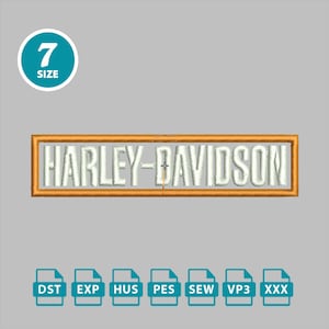 May include: Embroidered Harley-Davidson logo in a gold frame, with the text "HARLEY-DAVIDSON" in white. A teal circle with the number "7" and the word "SIZE" is in the upper left corner. Below are file type icons.