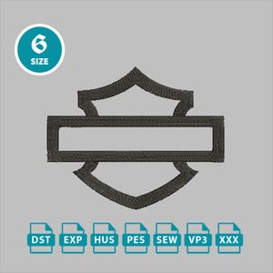 May include: A dark gray embroidered patch featuring a shield and rectangular design. The patch includes the text "6 SIZE" in a teal circle. File types DST, EXP, HUS, PES, SEW, VP3, and XXX are shown.