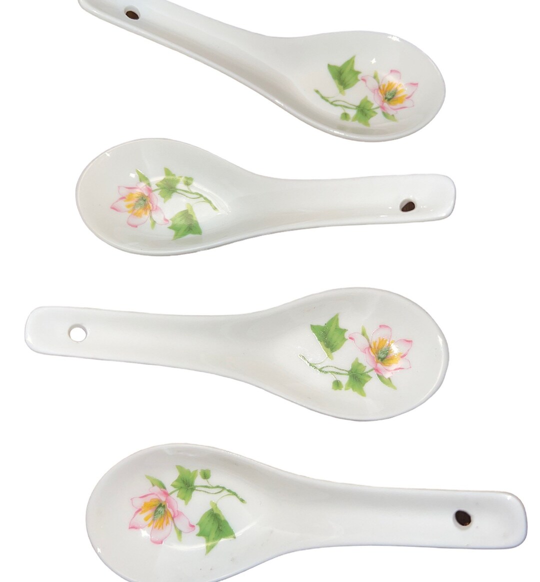 Soup Spoons Ceramic Asian Soup Spoon Set White Lotus Flower Floral