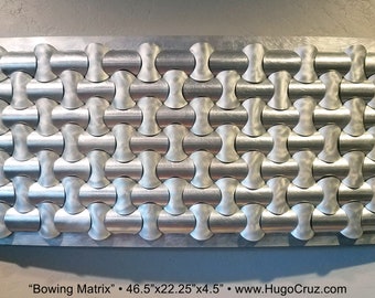 Bowing Matrix - Modern Metal Art by Hugo Cruz - 47" WIDE 3D Aluminum Repurposed Recycled Elements Curving Perspective Fine Art OOAK