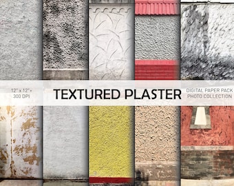 May include: A digital paper pack of 10 textured plaster wall images. The images are 12 inches by 12 inches and 300 DPI. The images feature a variety of textures, including rough, smooth, and patterned.