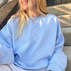 Blue Drippy Smiley Embroidered Crewneck