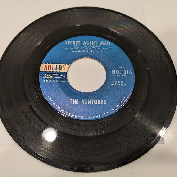 Ventures "Secret Agent Man / 007-11" Vinyl 7" Single (1966; EX+ disc; very nice!)