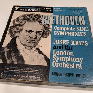 May include: Vintage vinyl record album featuring Beethoven's Complete Nine Symphonies, performed by Josef Krips and the London Symphony Orchestra. The album cover displays a portrait of Beethoven and is labeled as a London Festival Edition.